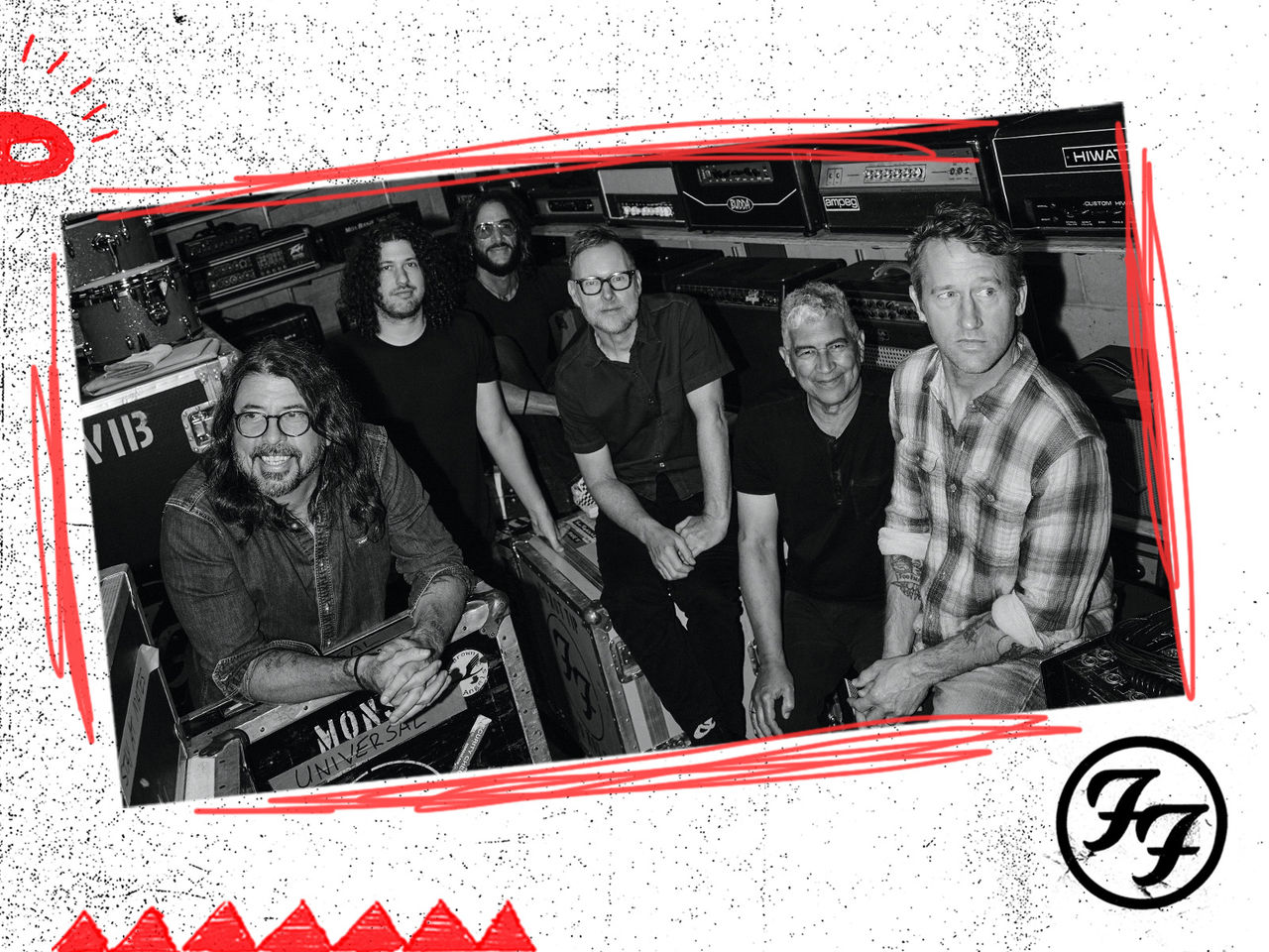 Graphic with a photo of the Foo Fighters band in black and white sitting down and smiling