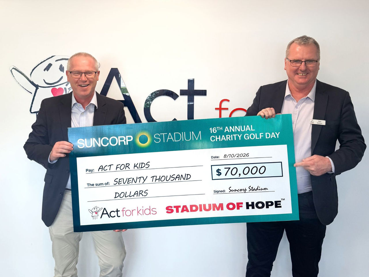 Suncorp Stadium presents Act For Kids $70,000 Cheque raised from the Annual Charity Golf Day 2026