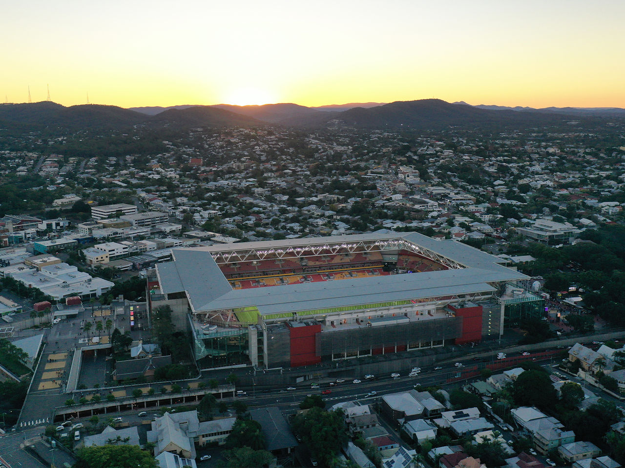 Suncorp Stadium aerial view with the sun setting in the background