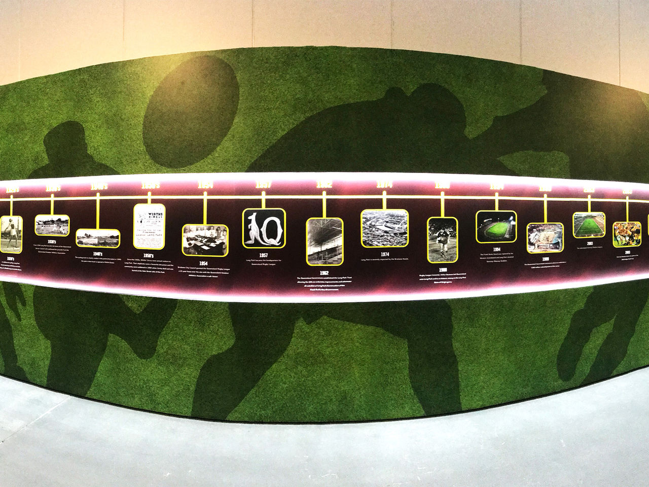 Wall with various images along a timeline, showing the history of Suncorp Stadium.