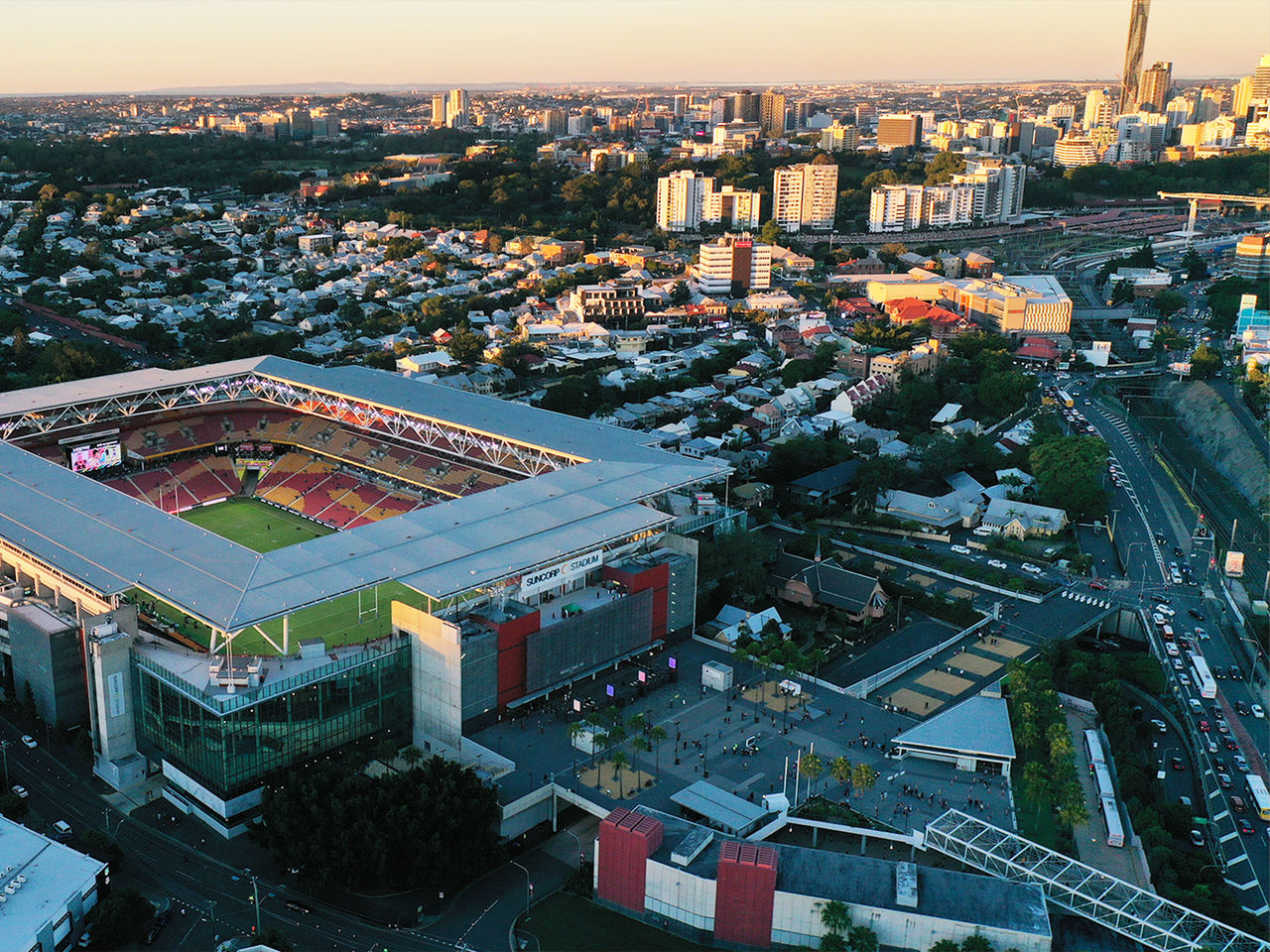 Aerial image of Southern side of Suncorp Stadium during the daytime.