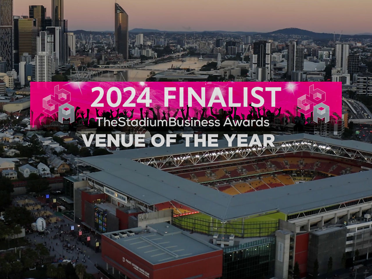 Aerial image of Suncorp Stadium with graphic 'Stating 2024 Finalist TheStadiumBusiness Awards Venue of the Year' in the foreground.