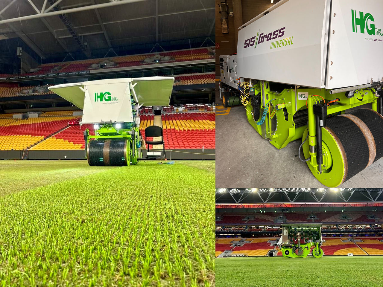 Three images of the Suncorp Stadium stitching machine. Left image a close up of stitching machine on the field. Upper right image is a sideview of the stitching machine of the field. Bottom right image is off the branding of the stitching machine.