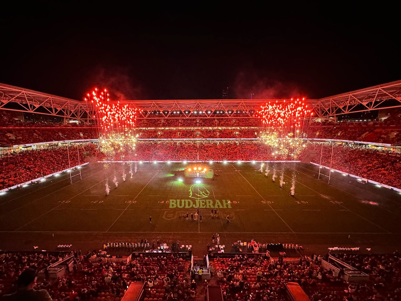 Battle for Brisbane Half Time Show Budjerah performing with fireworks
