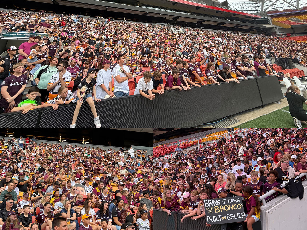 Three images of Fans at Suncorp Stadium for the Broncos Open Training Session