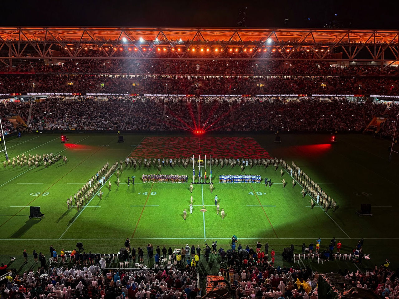An image of the ceremony before the game during 2026 NRL ANZAC Round at Suncorp Stadium