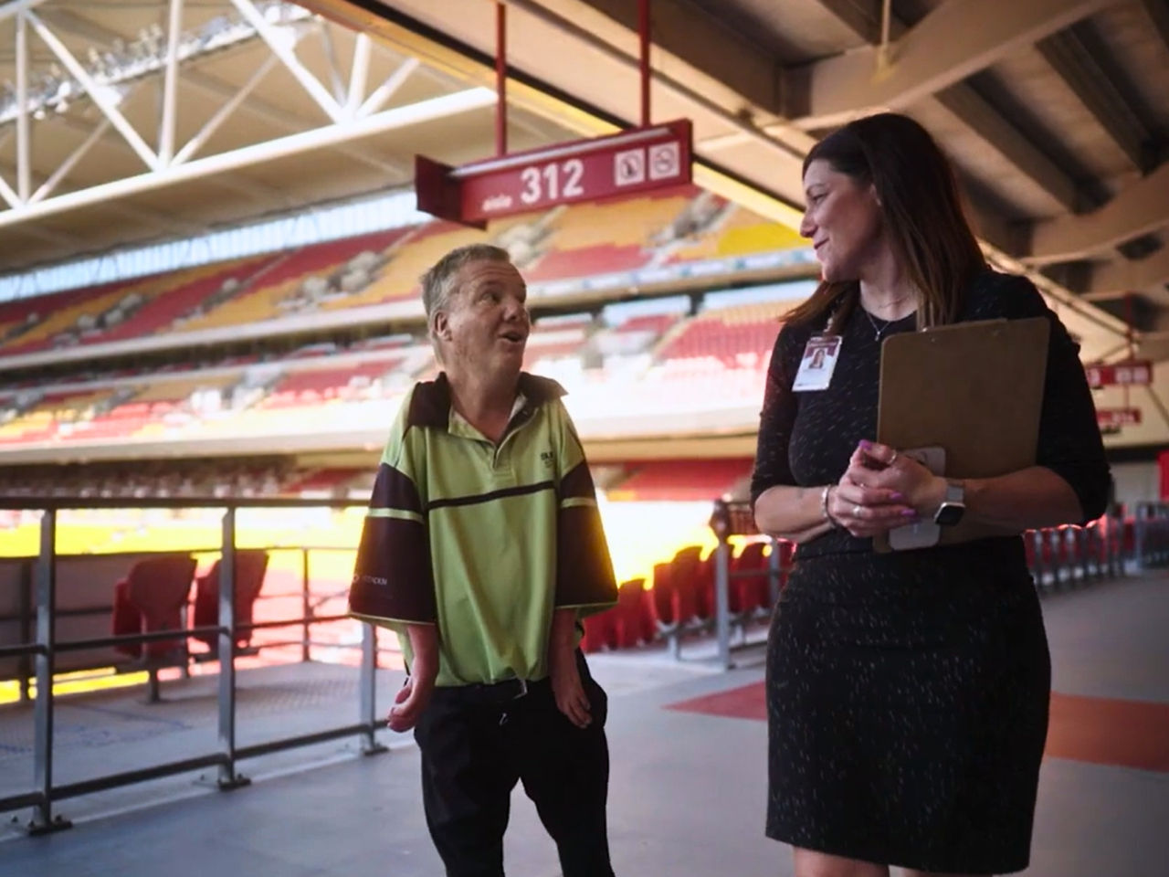 Suncorp Stadium Accessibility Attendant Bruce Caplin and People and Culture Manager Barbara Easton