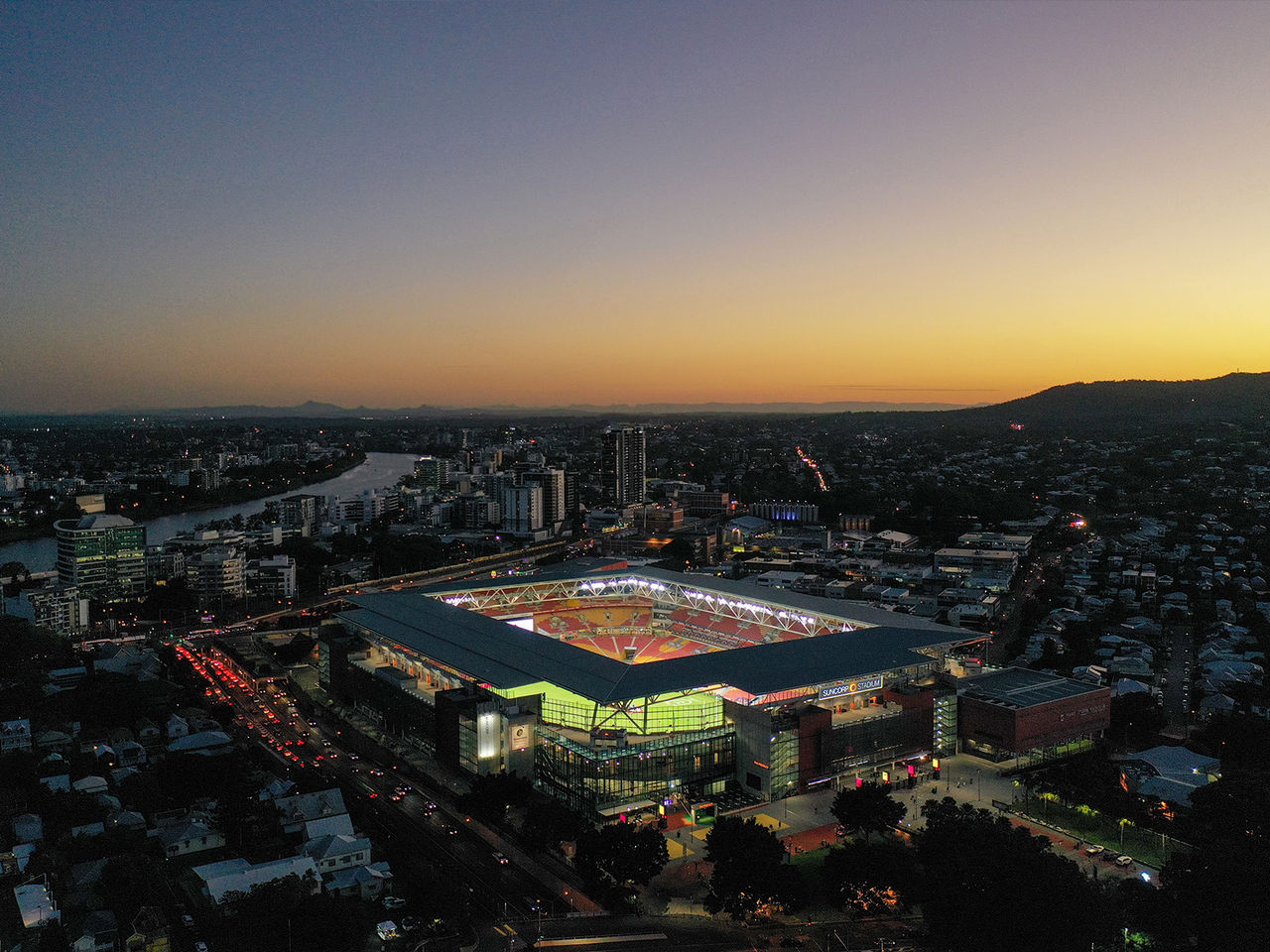 An aerial image of Suncorp Stadium in Milton Brisbane during Dusk