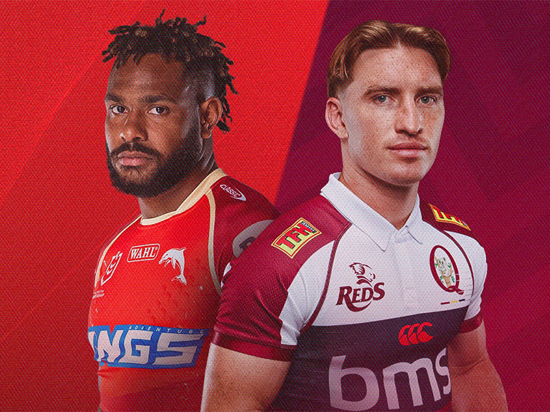 An Image of Dolphins player Hamisau Tabiau-Fidow and Reds Player Tate McDermott