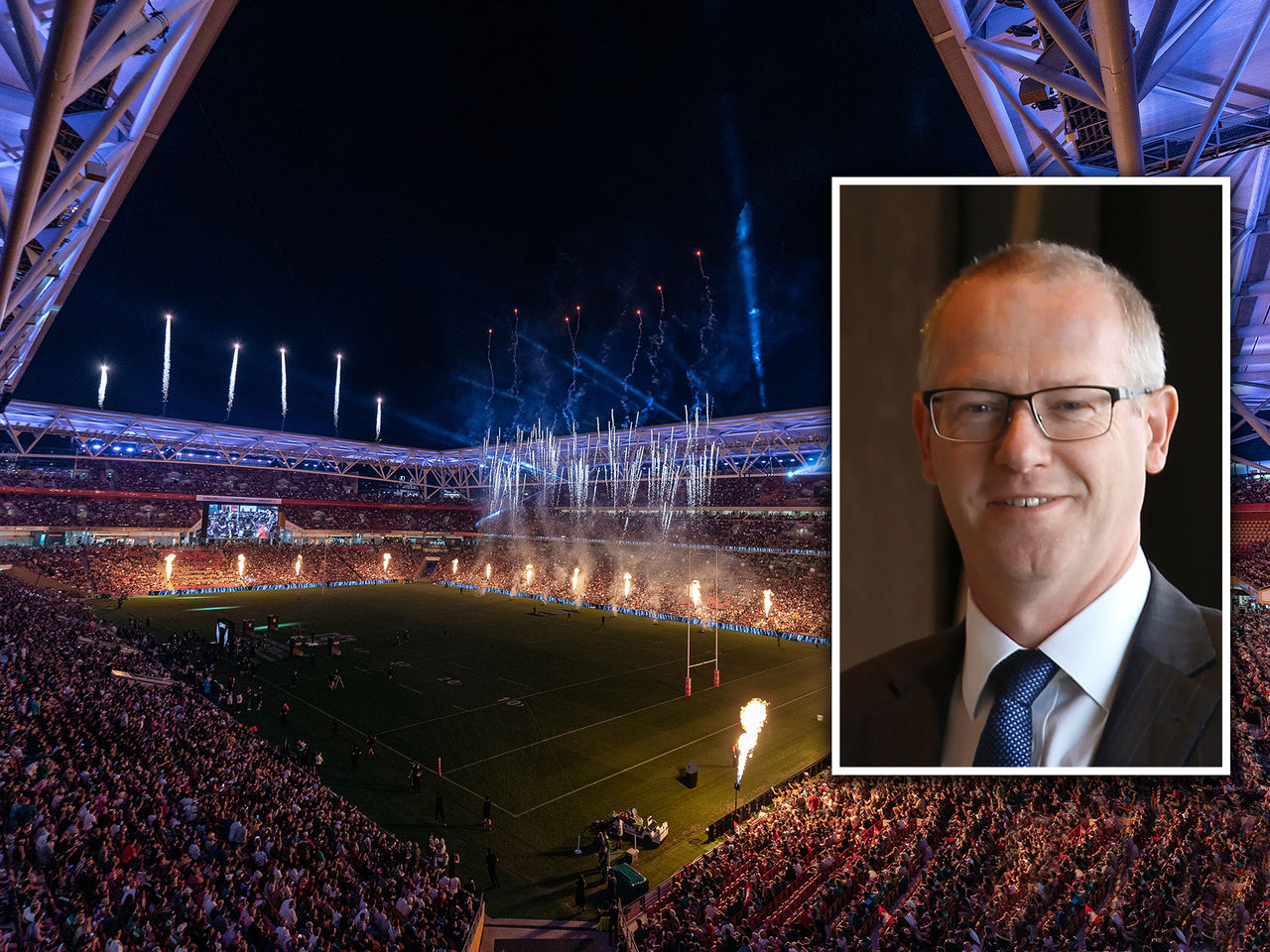 An image of Suncorp Stadium at night with an inset image of Darren Burden new General Manager