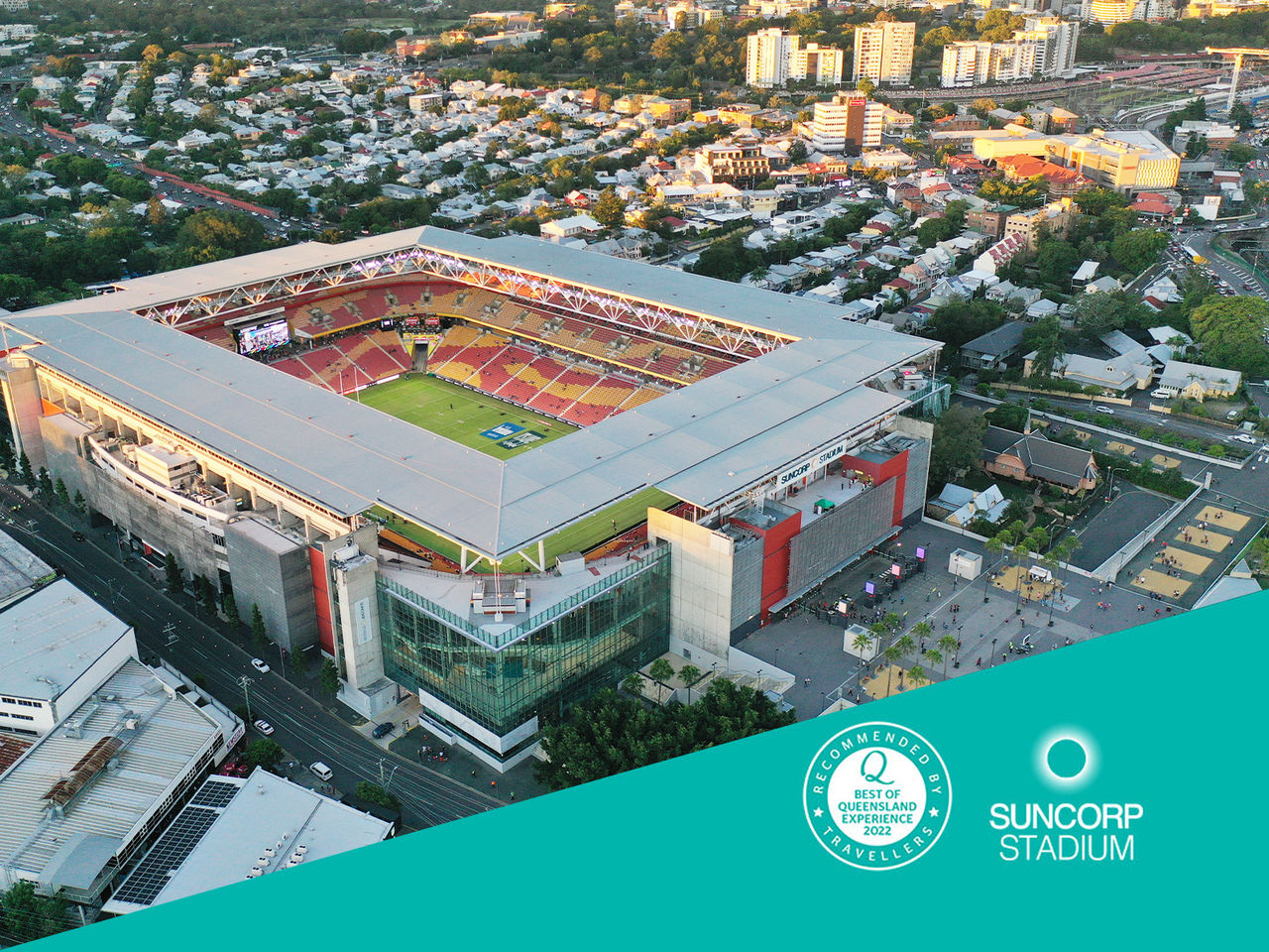 Aerial image of Suncorp Stadium with a 'Best of Queensland Experience 2022' graphic across the lower right corner.