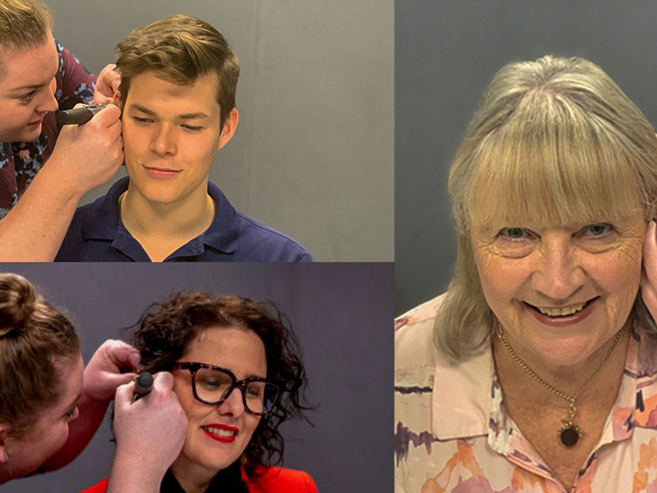 Collage of images showing three people getting their hearing tested.
