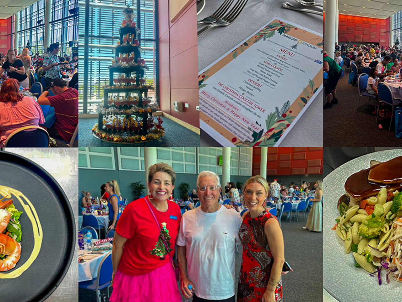 collage of images of Suncorp Stadium's Annual Christmas Day lunch. Includes images of food, participants smiling at the camera and various decorations.