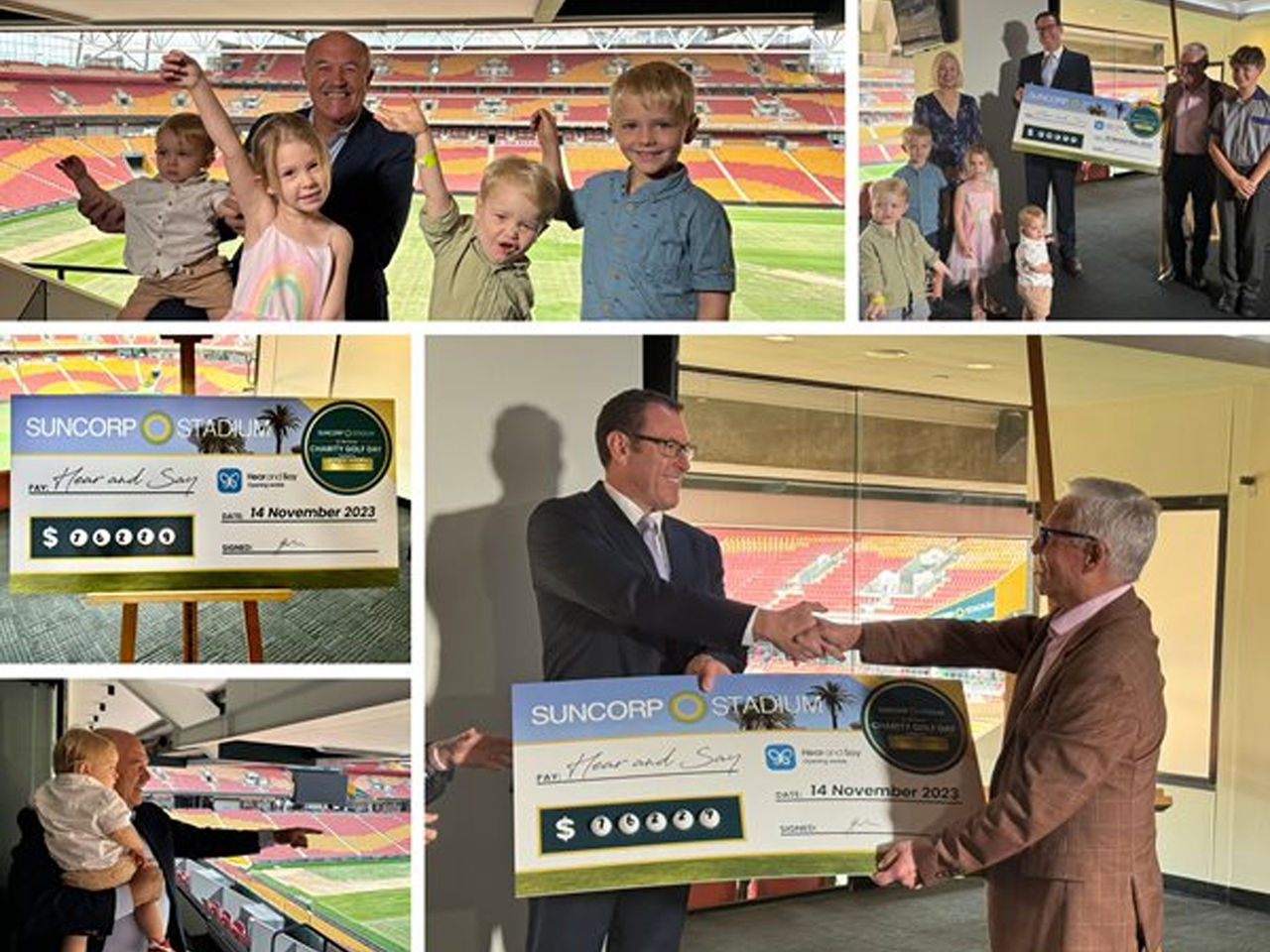 Collage of images. Top left is of Wally Lewis and various Hear and Say family members. Top right is of numerous people posing with the cheque. Middle left is of the cheque. Bottom right is Suncorp Stadium General Manager Alan Graham presenting the cheque to Hear and Say. Bottom left is Wally Lewis holding a child and pointing to the field.