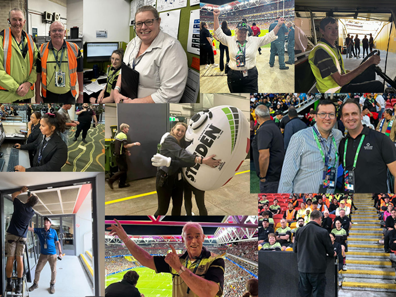 Collage of images of Suncorp Stadium staff during Magic Round 2024.