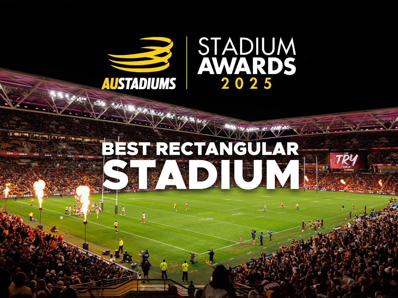 An image of Suncorp Stadium with a crowd and game on with the Austadiums logo next to text Stadium Awards 2025 Best Rectangular Stadium overlaid