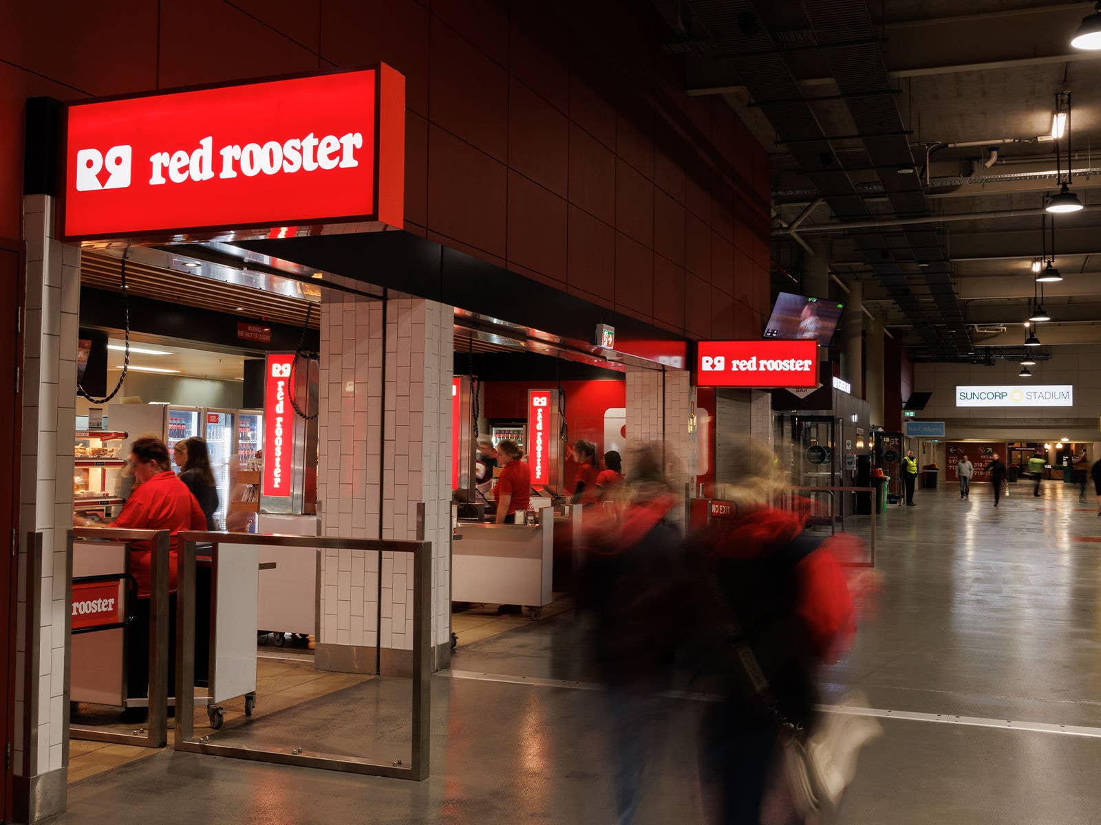 External view of Suncorp Stadium's Red Rooster outlet during an event.