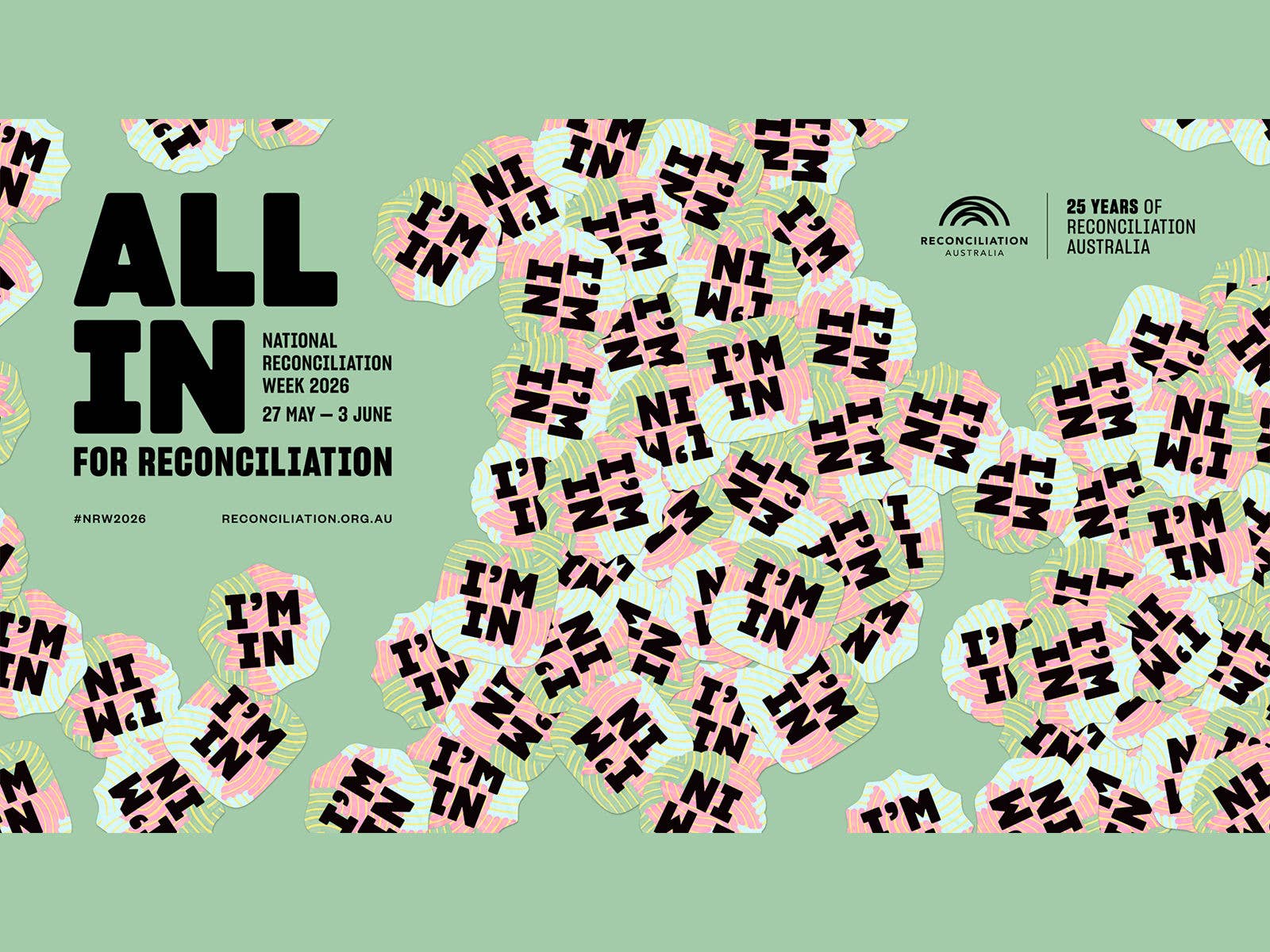A banner featuring All In artwork for National Reconciliation Week 2026 it also includes the dates 27 May to 3 June and the logo for reconciliation australia