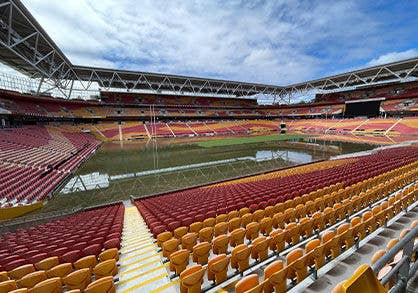 Suncorp Stadium's field flooded with water.