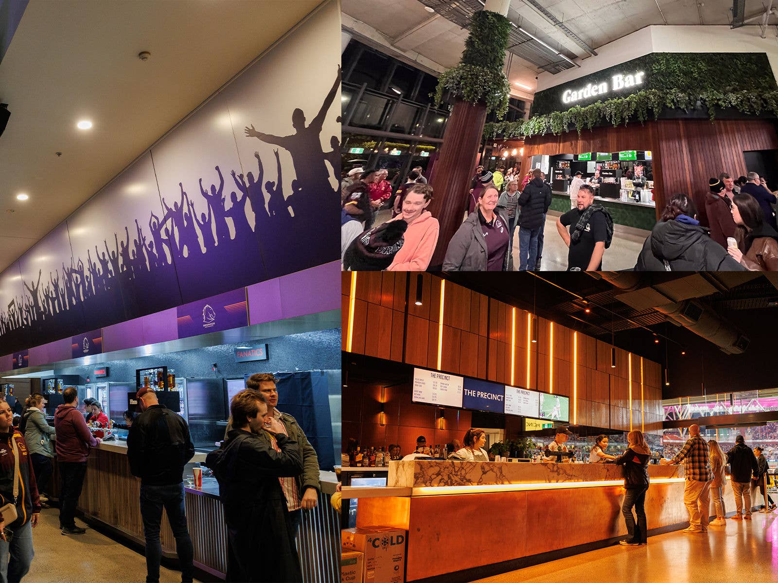 Collage of the speciality bars at Suncorp Stadium including Fanatics, Garden and Precinct bars