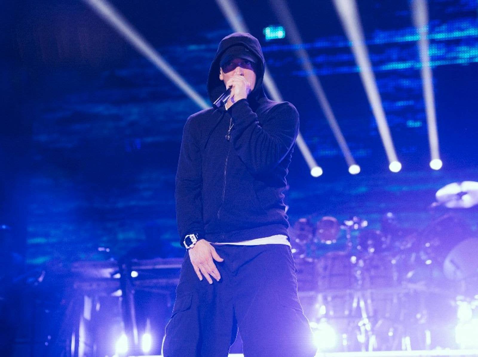 Eminem on stage at Suncorp Stadium during his Rapture Tour in 2014.