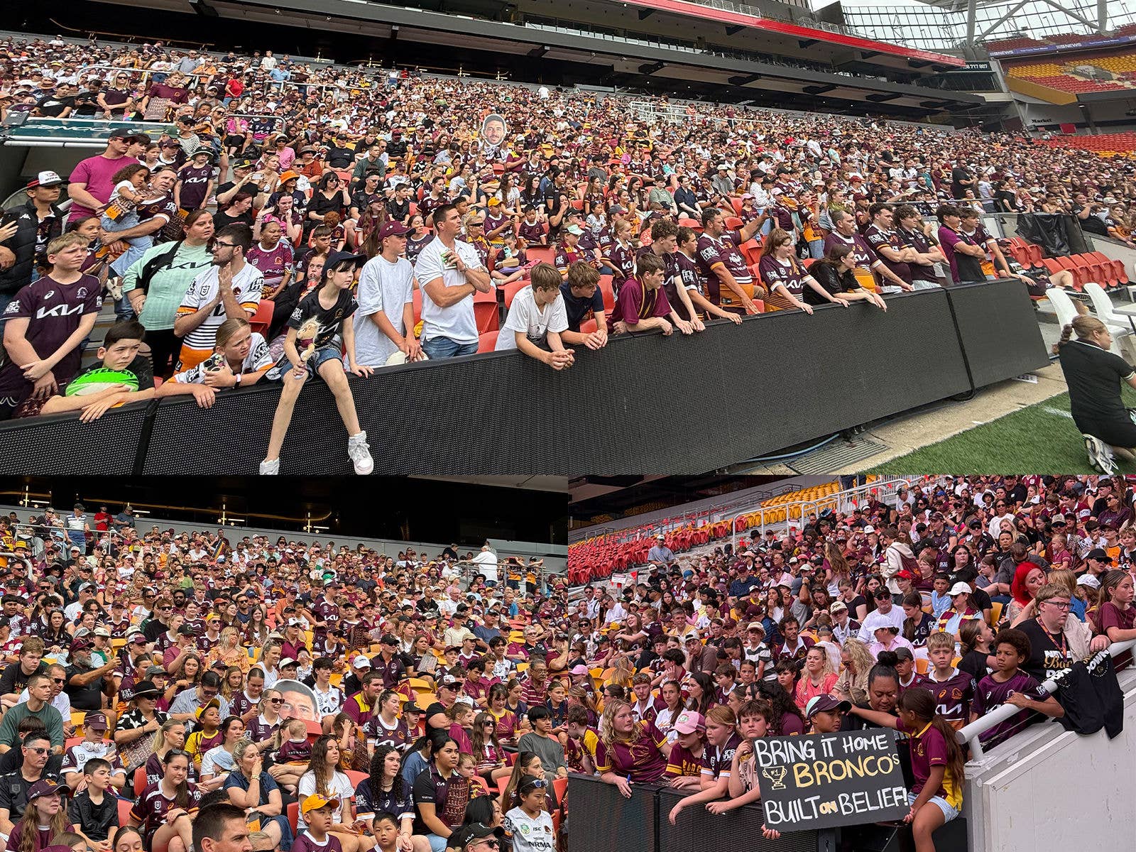 Three images of Fans at Suncorp Stadium for the Broncos Open Training Session