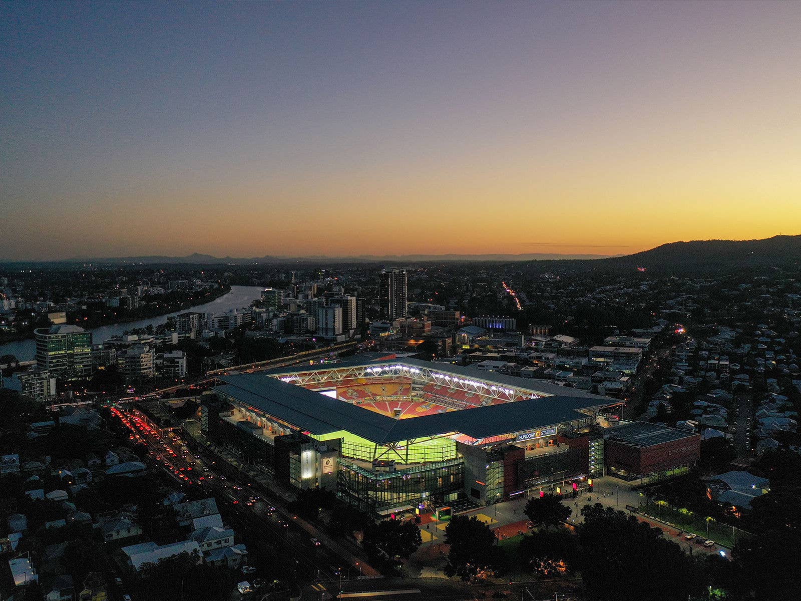 An aerial image of Suncorp Stadium in Milton Brisbane during Dusk