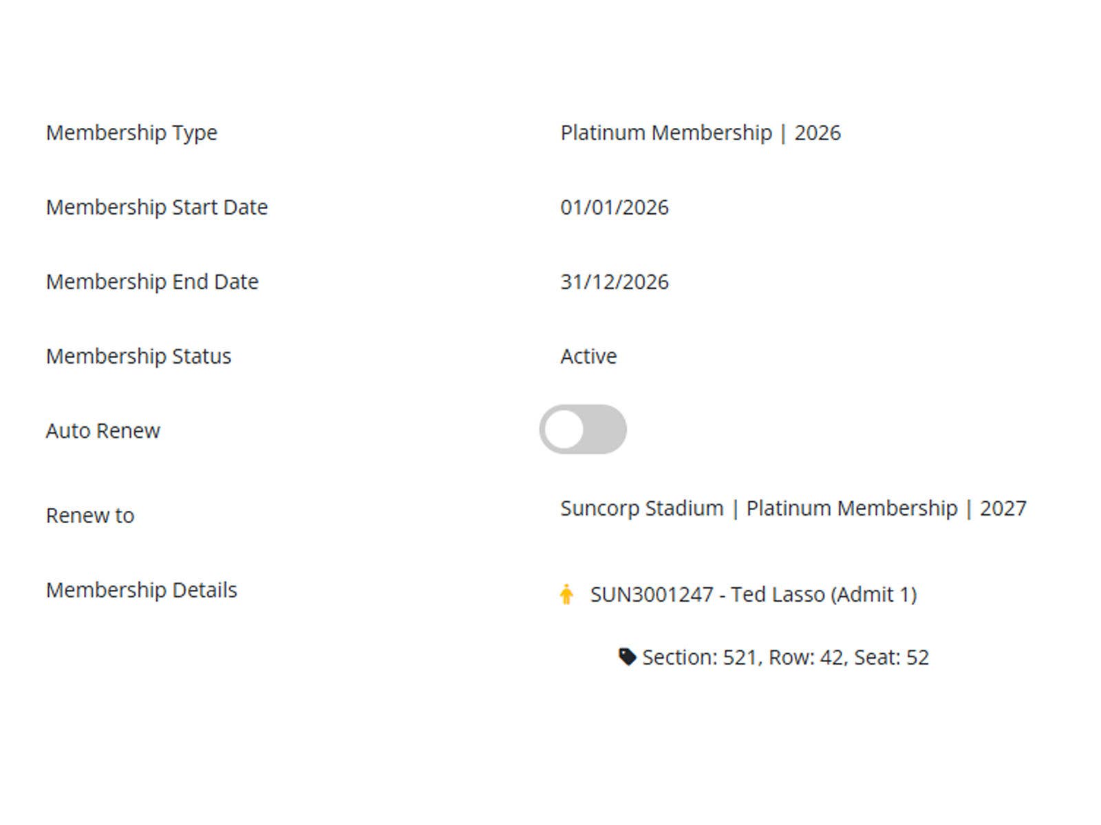 A screenshot of the members portal auto-renew section