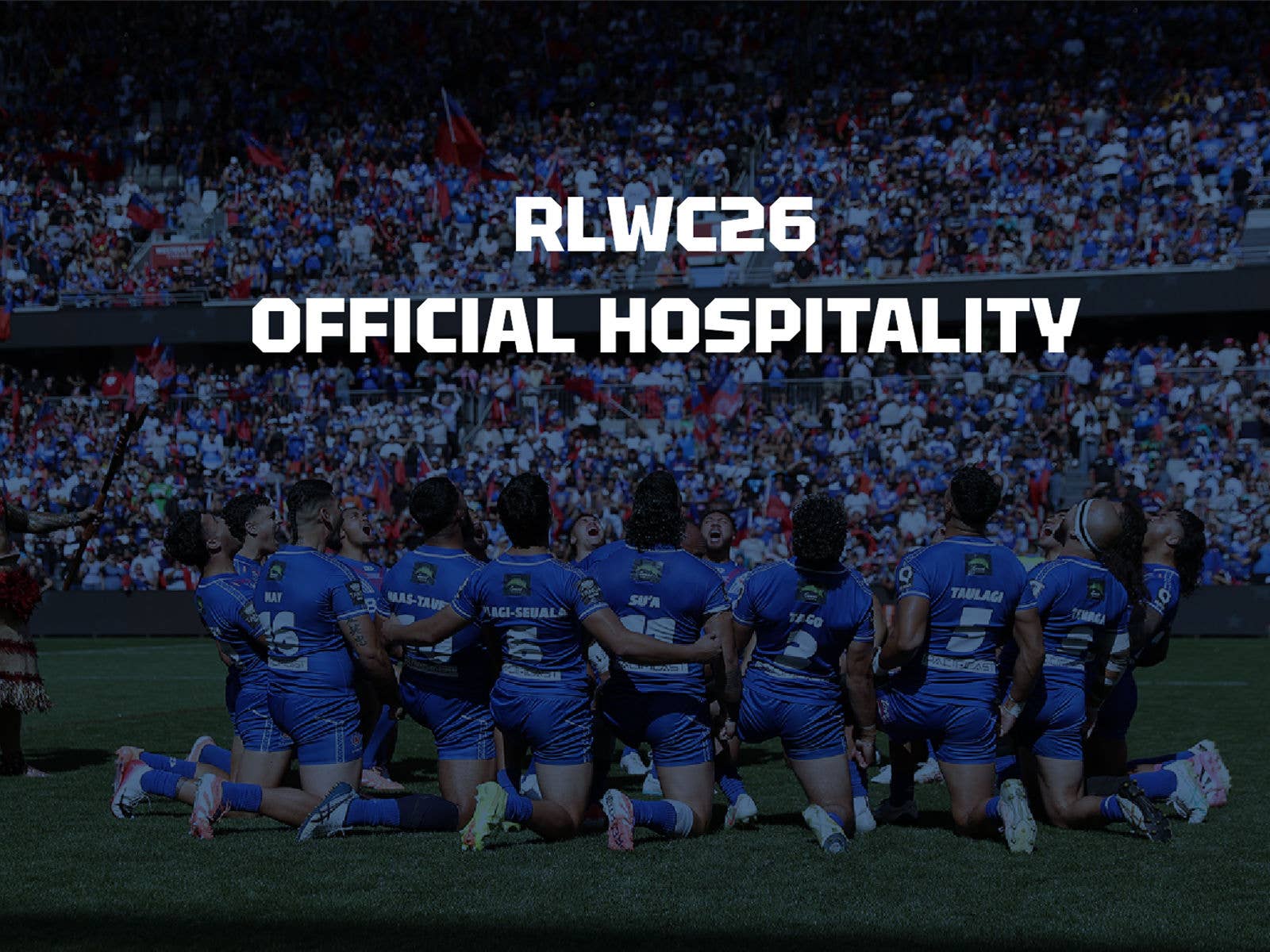 Samoan Rugby League Mens team at Suncorp Stadium with text overlayed "RLWC26 OFFICIAL HOSPITALITY"