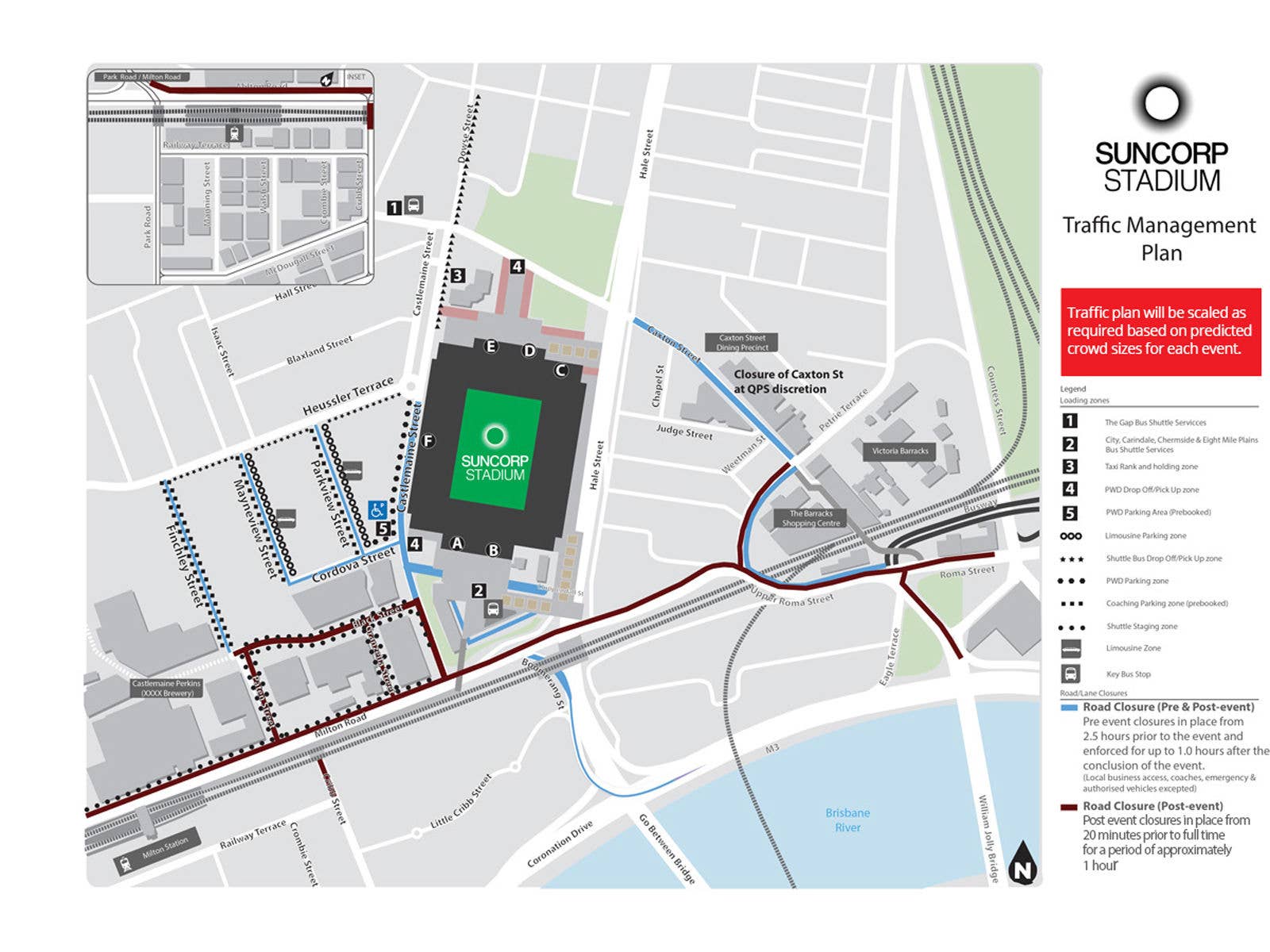 A map of Suncorp Stadium with the Traffic Management Plan overlaid on top