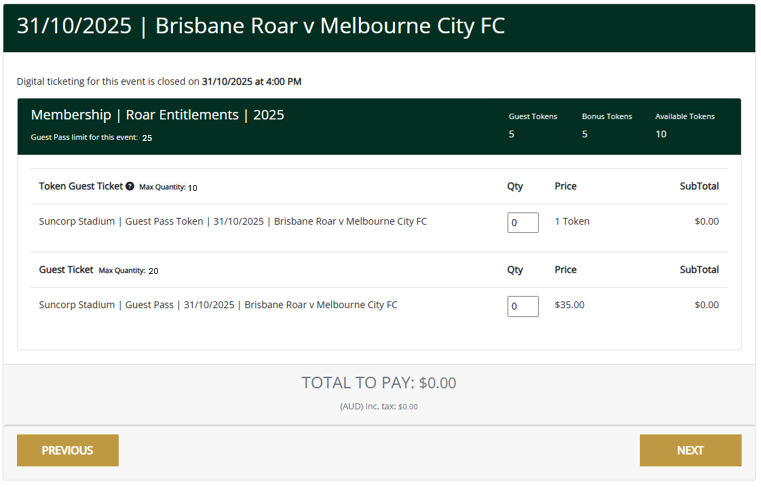 Step 2 A screenshot showing the view of the Stadium Members Portal when accessing quantities of tickets for a specific event