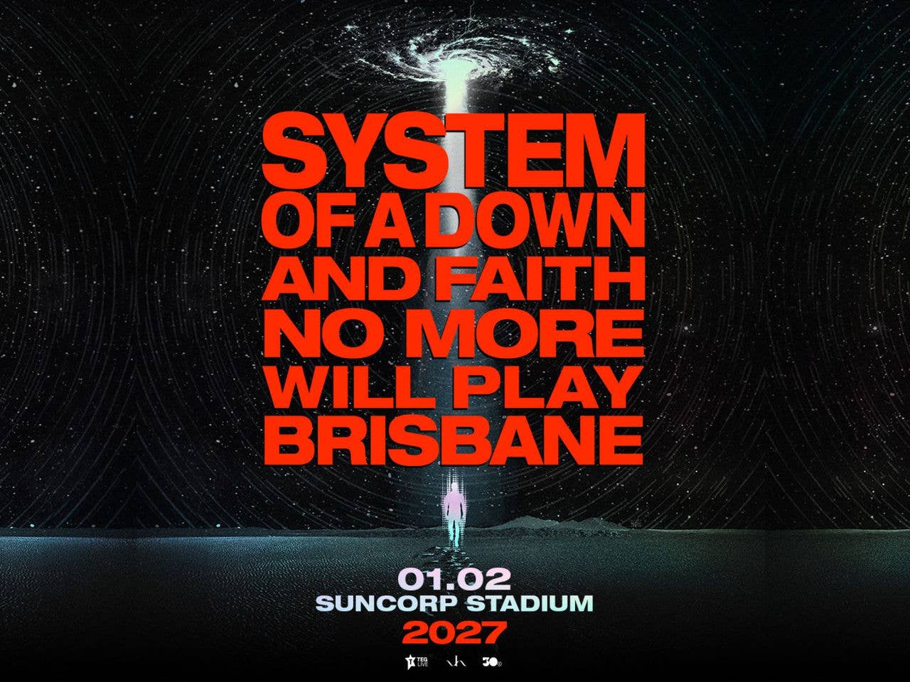 A dark graphic with text reading system of a down and faith no more will play brisbane 1 february suncorp stadium 2027