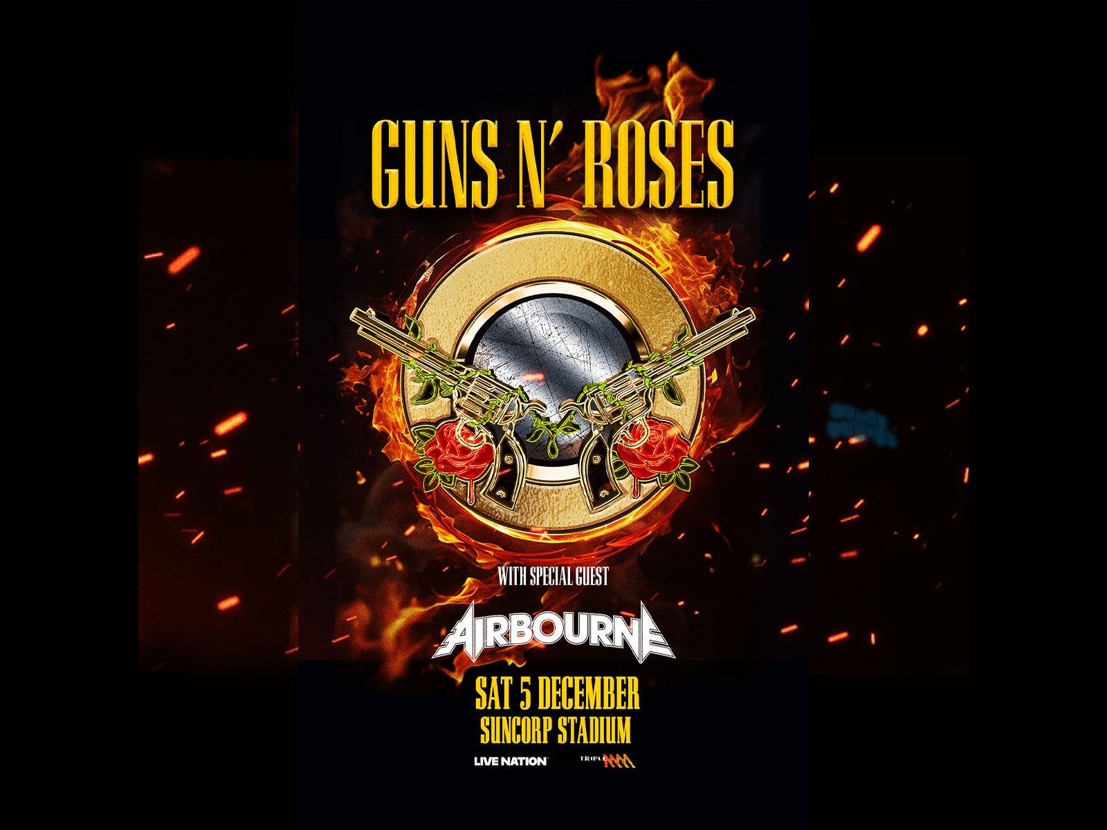 An image of the Guns N' Roses logo with text reading Guns N' Roses with Special Guest Airbourne Sat 5 December Suncorp Stadium overlay