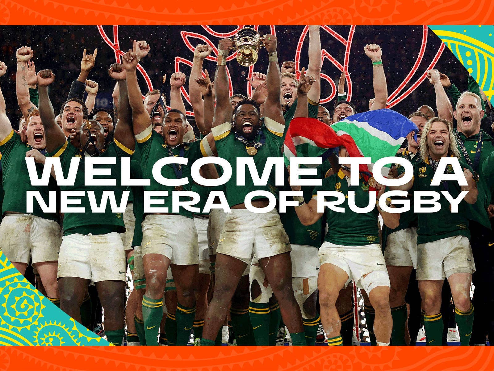 The South African Rugby team celebrating with text overlay reading 'WELCOME TO A NEW ERA OF RUGBY'