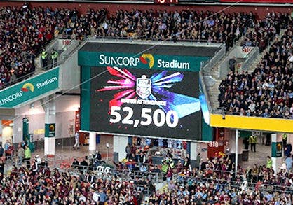 Suncorp Stadium screen showing 52,500 fans in attendance at State of Origin 3 in 2015.