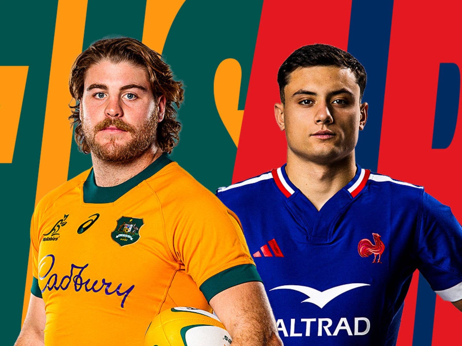 Wallabies player standing next to a France Player in their jerseys