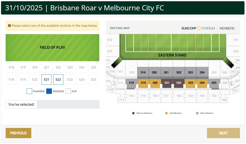 Step 3 A screenshot showing the view of the Stadium Members Portal when accessing different sections to choose from for tickets for a specific event