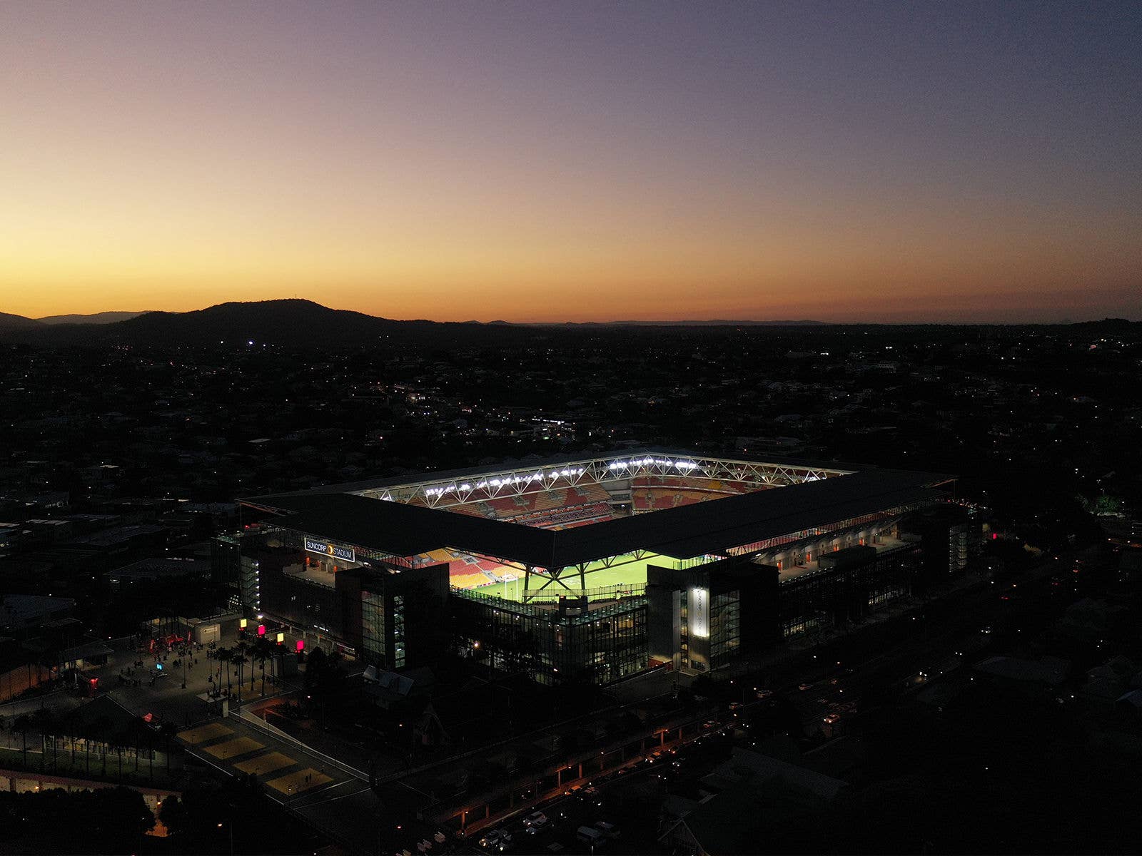 An aerial view of Suncorp Stadium at dusk