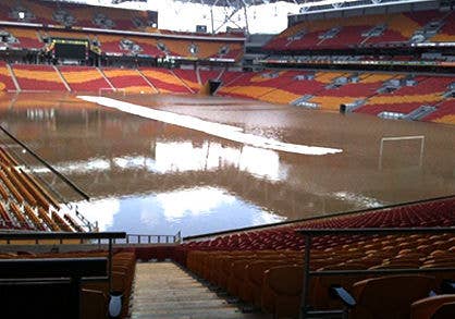 Suncorp Stadium field submerged in water during the 2011 QLD Floods.