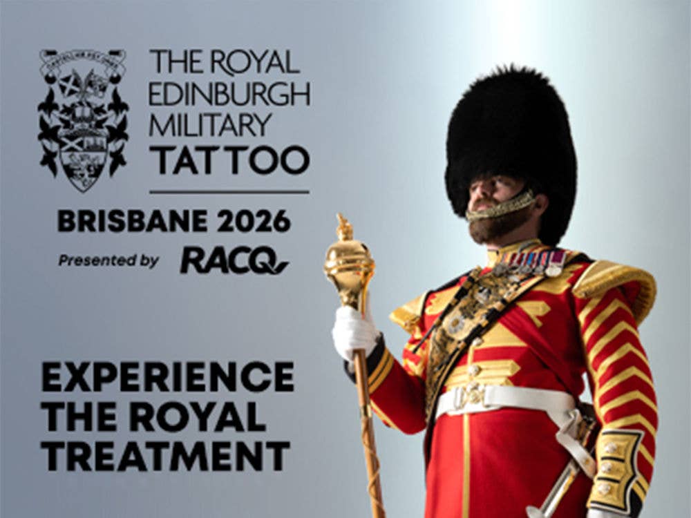 A British Royal Guard standing with text The Royal Edinburgh Military Tattoo Experience the Royal Treatment next to him