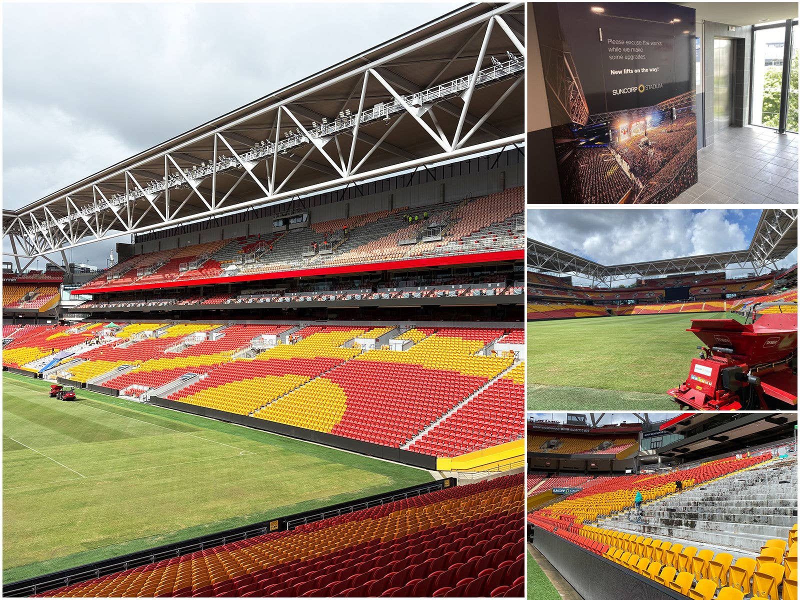 4 images of construction work around Suncorp Stadium including seats being replaced