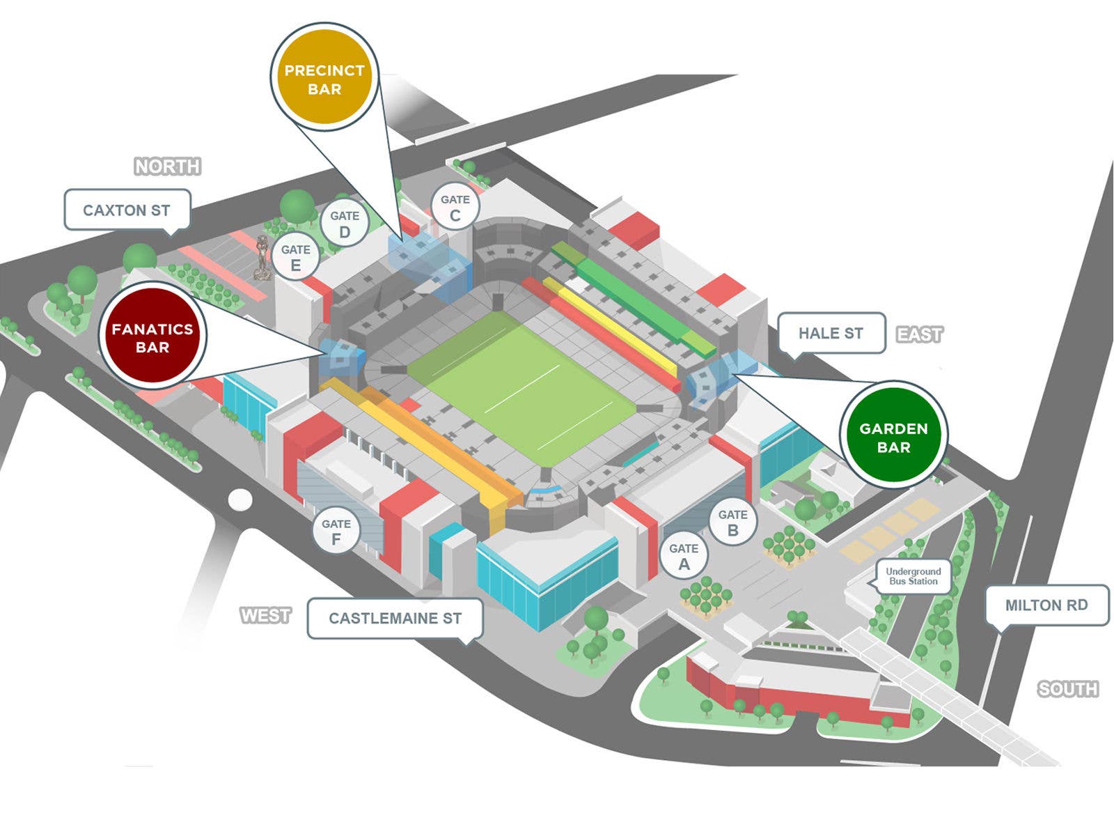 A map of speciality bar locations at Suncorp Stadium including the Precinct Bar Fanatics Bar and Garden Bar