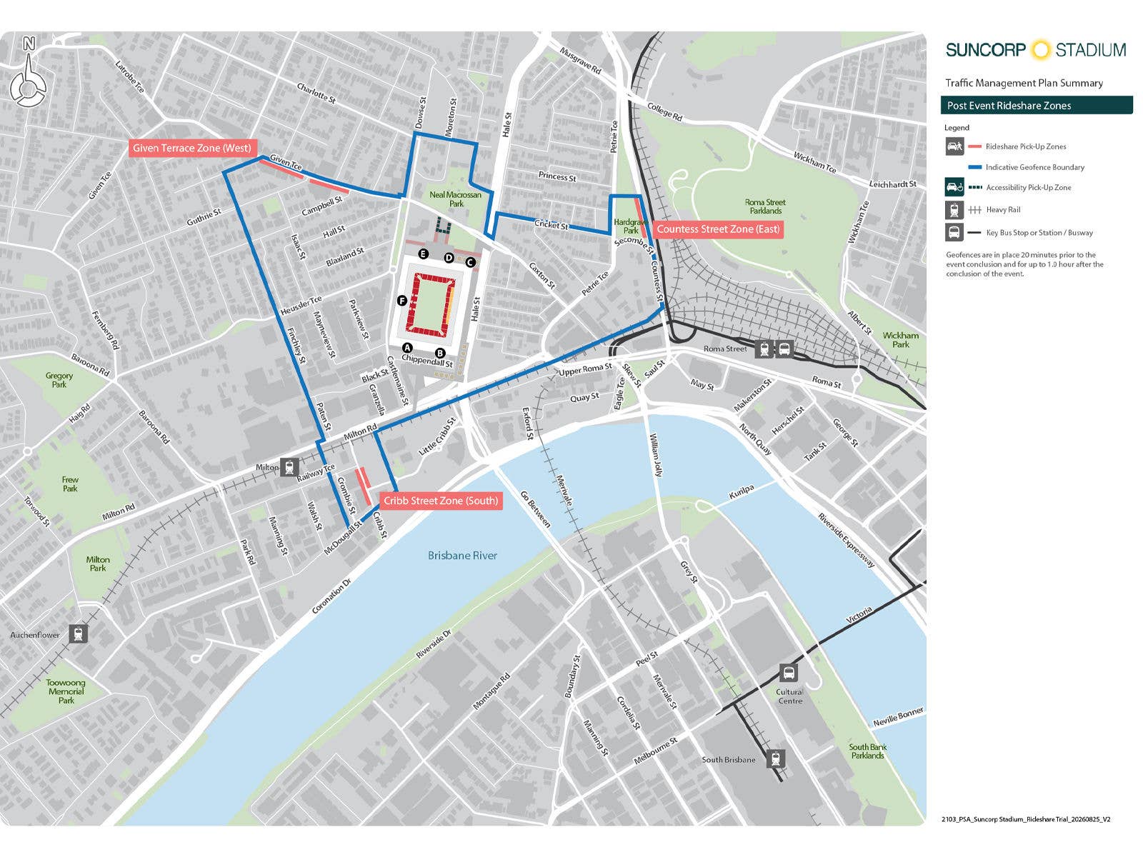 A map of Suncorp Stadium and surrounds that includes the Rideshare Geofence and Pickup Zone Locations