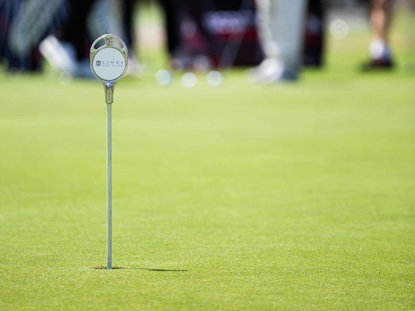 A pin in a golf hole that says Links Hope Island