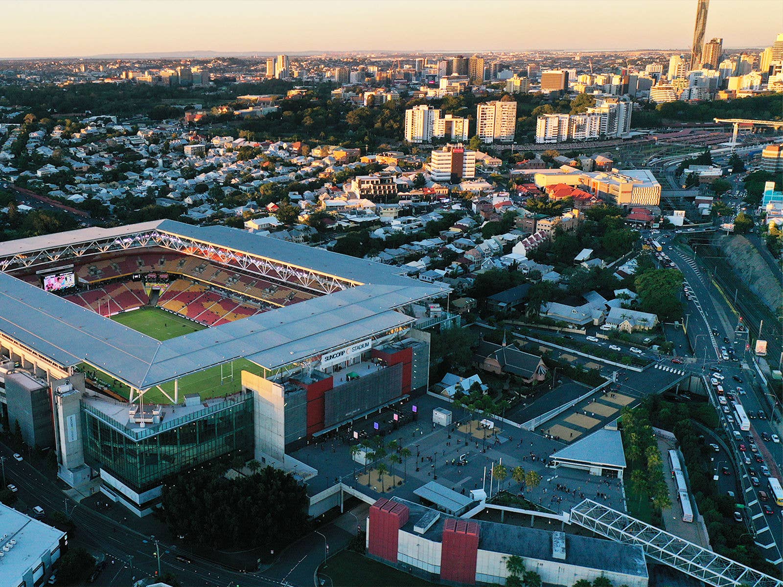 Aerial image of Southern side of Suncorp Stadium during the daytime.