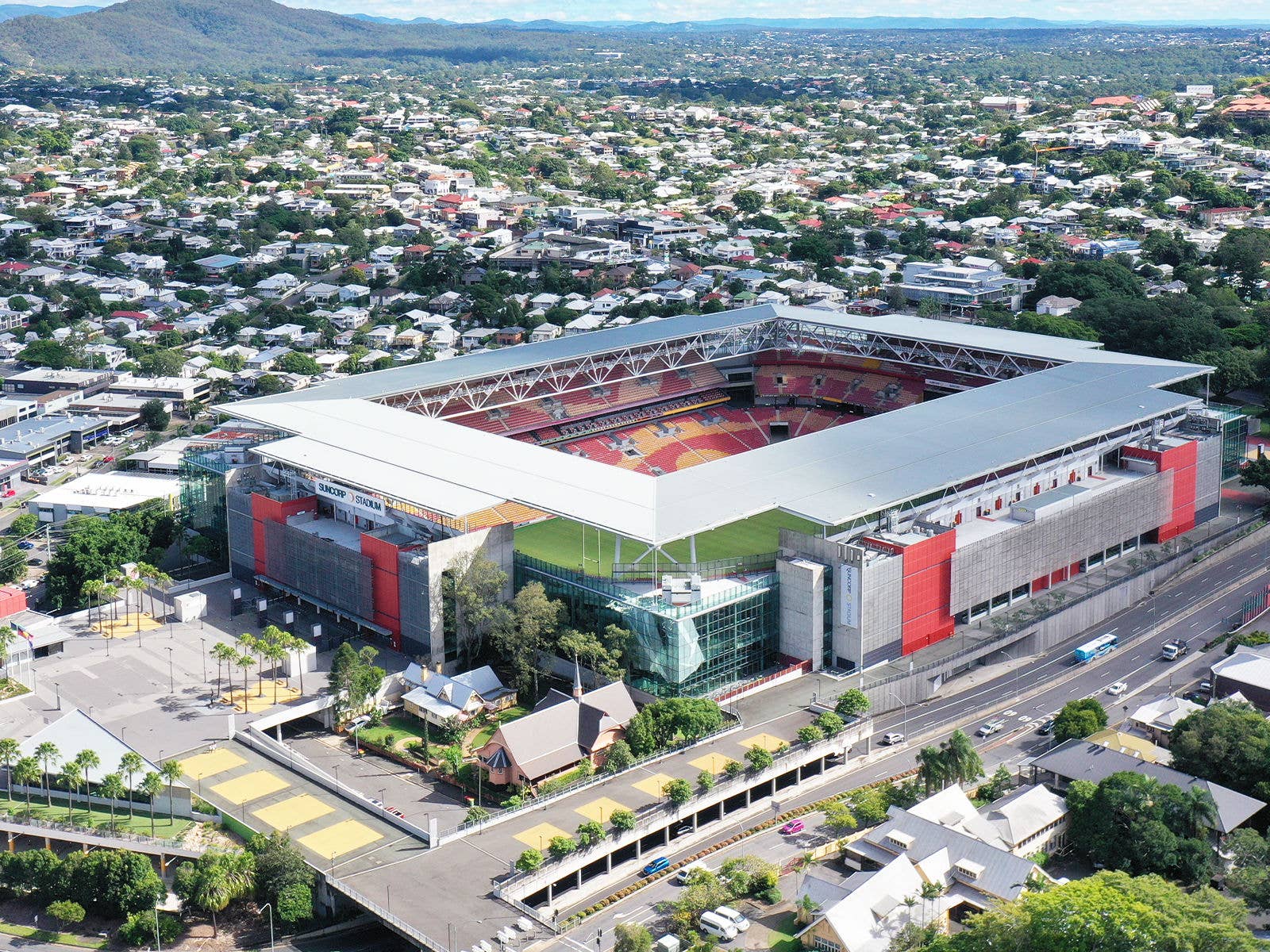 An aerial view of Suncorp Stadium with Paddington suburb in the background