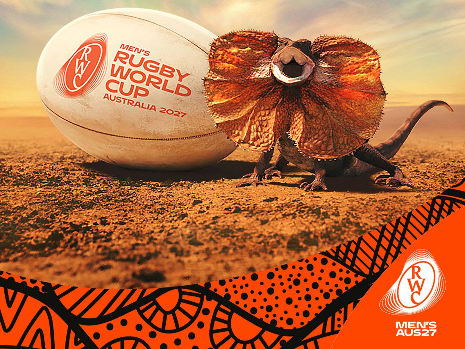 A lizard next to a rugby ball with text saying Mens Rugby World Cup Australia 2027