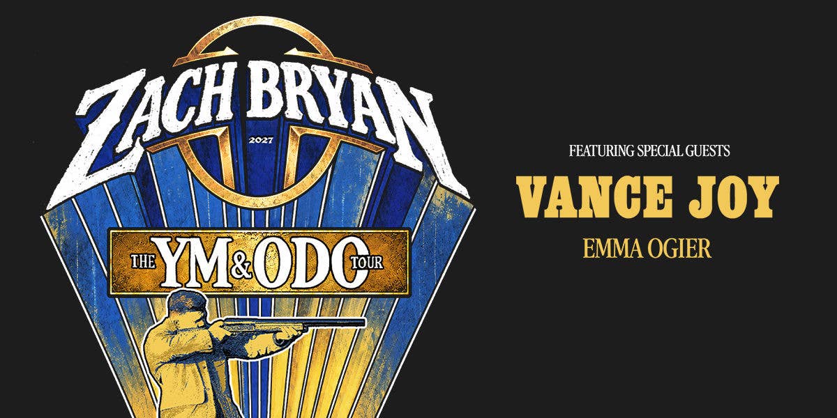 Tour art for Zach Bryan featuring special guests vance joy emma ogier