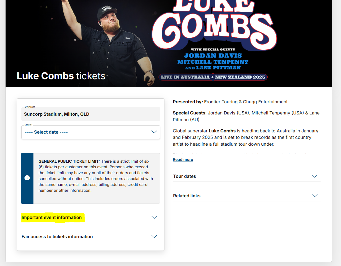 Screenshot of where to locate the Important Event Information section on Ticketek's website.