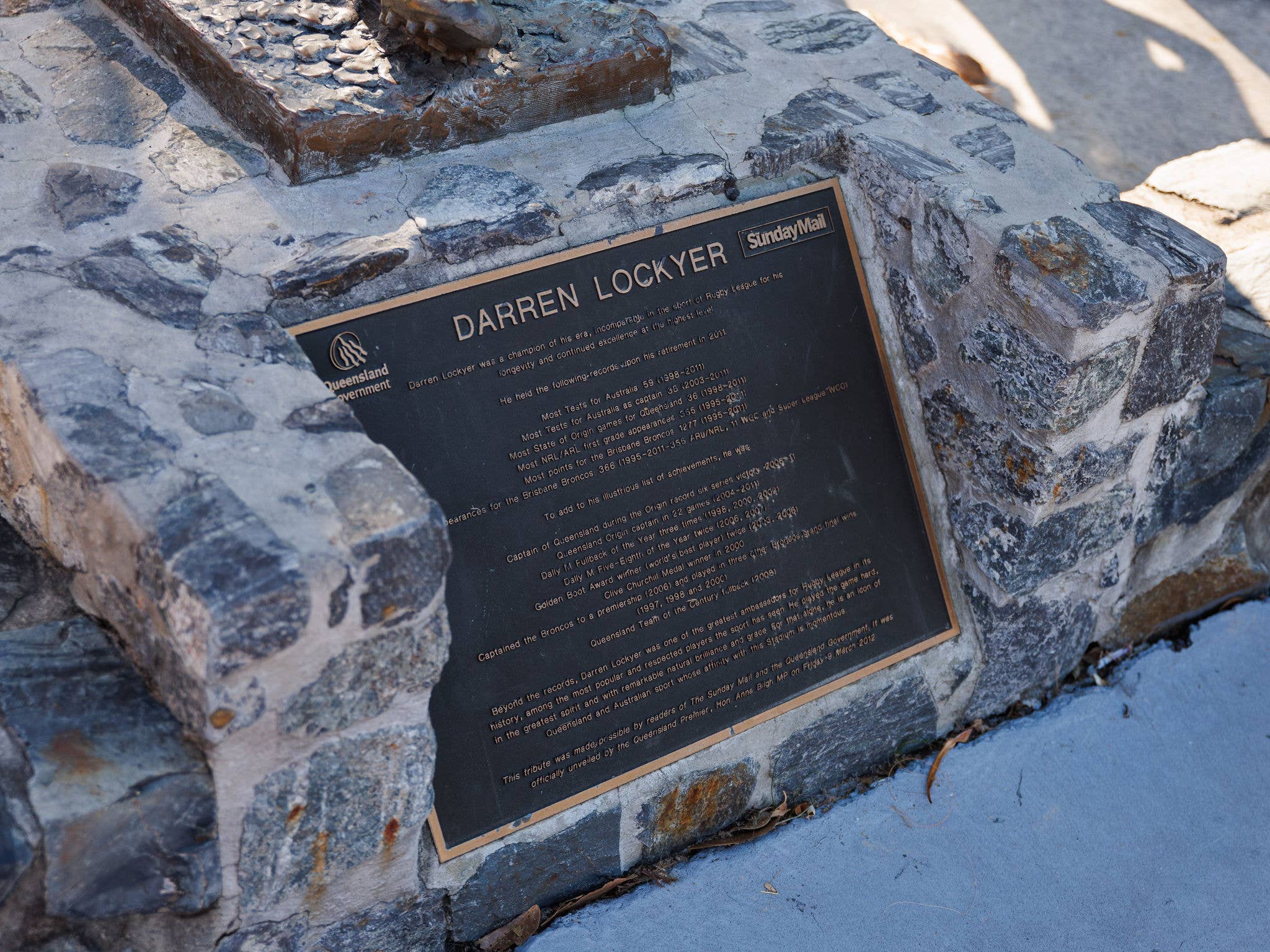 Plaque dedicated to Darren Lockyer.